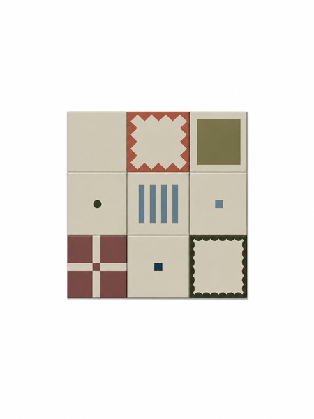 Azulejo Huli 30x30 cm G.308 con diseño geométrico decorativo en tonos crema, verde oliva, azul y terracota