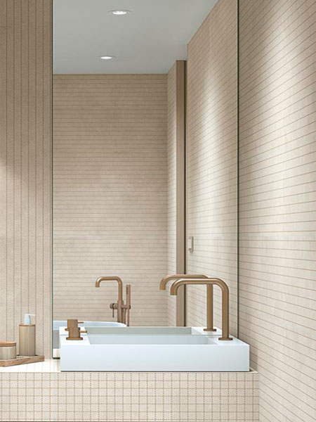 Baño moderno con paredes en mosaico porcelánico beige mate