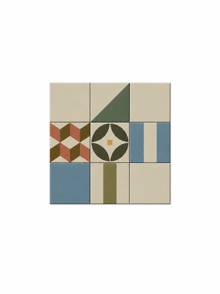 Azulejo Pono 30x30 cm G.308 con diseño geométrico multicolor en azul, verde, crema, terracota y marrón
