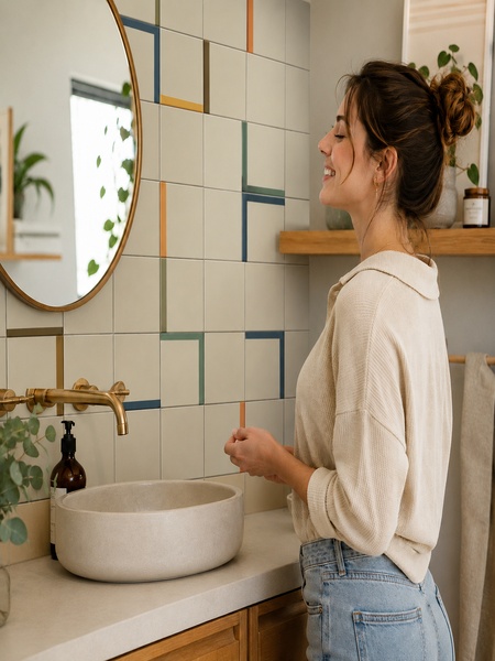 Baño moderno con azulejos Kekana 30x30 cm G.308 en tonos crema, verde, azul, mostaza y terracota junto a lavabo y espejo redondo