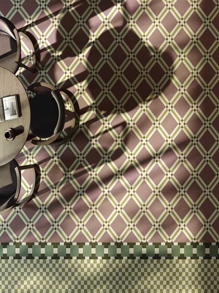 Suelo con azulejos Mele 20x20 cm G.156 de diseño geométrico en tonos verde oscuro, verde salvia y crema