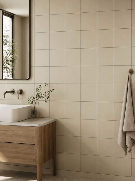 Baño moderno con azulejos Noho 30x30 cm G.308 en color crema, lavabo blanco, mueble de madera y espejo rectangular