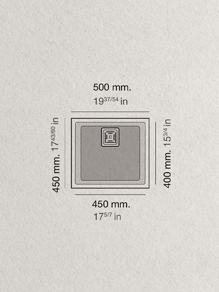 Fregadero de fibra Zie 45 1 cubeta mate Poalgi 500x450x200mm 3 Plano técnico de fregadero bajo encimera de 500 x 450 mm con profundidad de 400 mm