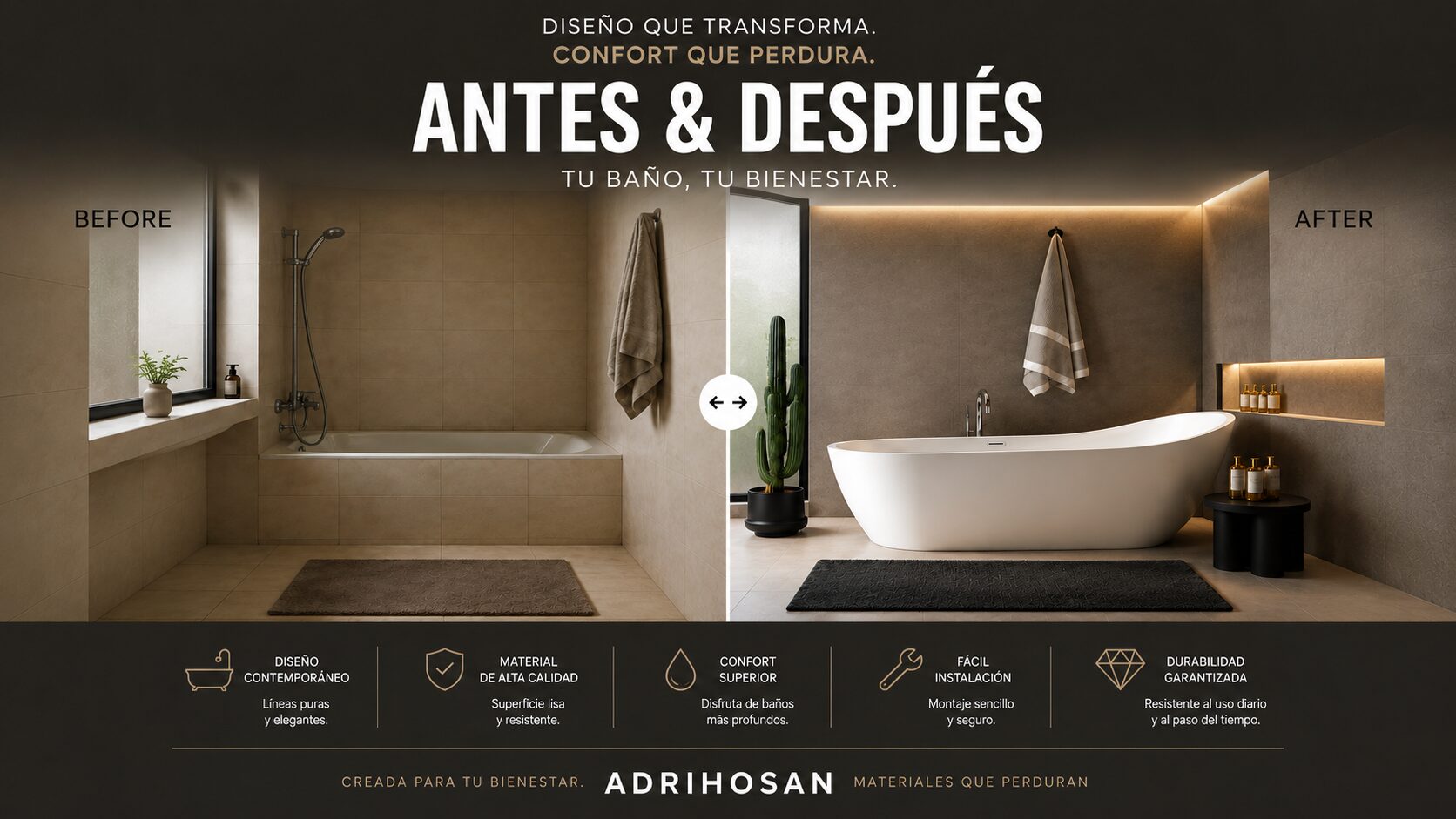 Comparativa visual de medidas de bañeras exentas: 140, 150, 160, 170 y 180 cm.