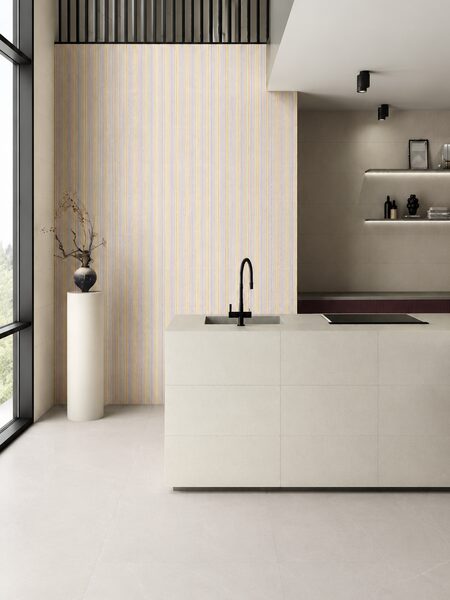 Cocina contemporánea con azulejo decorativo Poipu-R Blanco Surf 32x99 de rayas verticales pastel