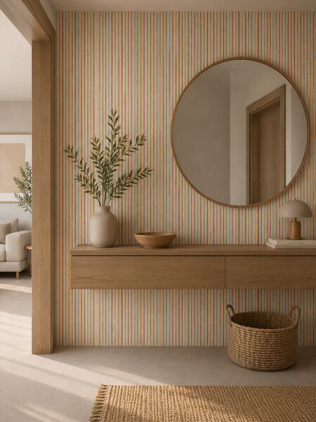 Recibidor contemporáneo con azulejo decorativo Poipu-R Greige Surf 32x99 y rayas verticales pastel