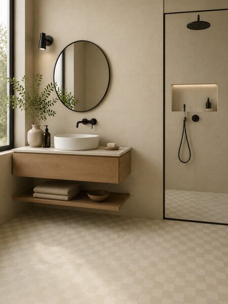 Baño contemporáneo con azulejo porcelánico Surf Beige 32x99 en paredes y ducha minimalista