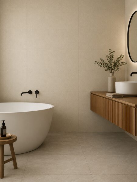 Azulejo Surf-R Beige 32x99 cm efecto piedra mate (1,584 m2/cj) 3 Baño elegante con azulejo porcelánico Surf Beige 32x99 en acabado piedra beige cálido
