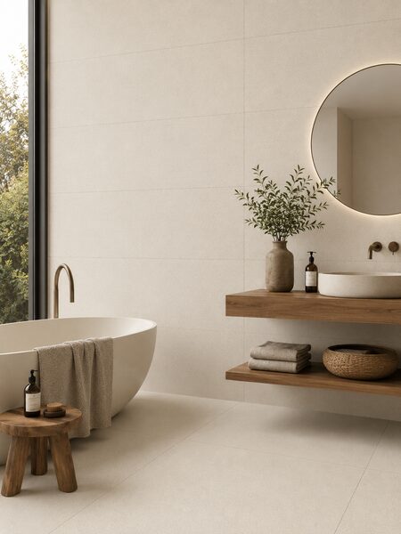 Baño minimalista con azulejo porcelánico Surf Blanco 32x99 en acabado piedra beige y estilo natural
