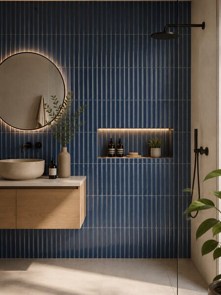 Baño contemporáneo con azulejo Waikiki Azul-B Surf 23x33,5 de relieve lineal y acabado brillo azul