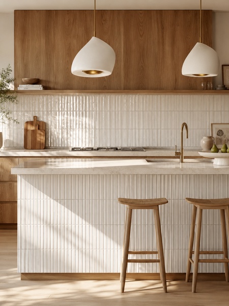 Cocina moderna con revestimiento cerámico Waikiki Blanco brillo y relieve vertical