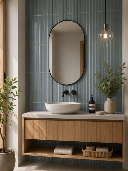 Revestimiento Waikiki Celeste-B Brillo 23x33,5 cm pasta blanca (1 m2/cj) 3 Baño contemporáneo con azulejo Waikiki Celeste-B Surf 23x33,5 de relieve lineal y acabado brillo celeste