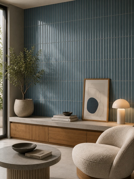 Salón contemporáneo con azulejo Waikiki Celeste-B Surf 23x33,5 de relieve lineal y acabado brillo