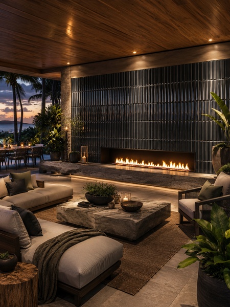 Revestimiento Waikiki Negro-B 23x33,5 cm pasta blanca (1 m2/cj) 3 Revestimiento cerámico Waikiki Negro brillo en salón exterior con chimenea moderna
