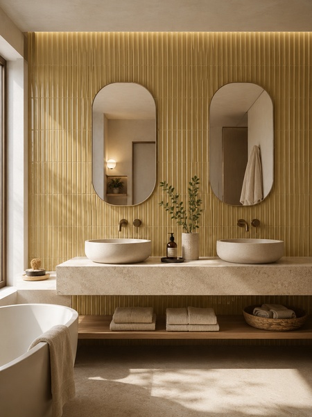 Baño moderno con revestimiento cerámico Waikiki Ocre Surf brillo en pared decorativa