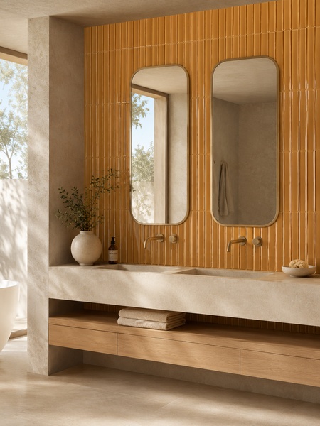 Baño moderno con revestimiento cerámico Waikiki Teja Surf brillo en color teja