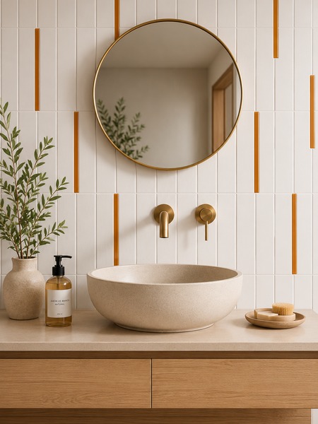 Baño contemporáneo con Stick Waikiki Teja-B 2x23 cm en color teja sobre revestimiento cerámico blanco texturizado