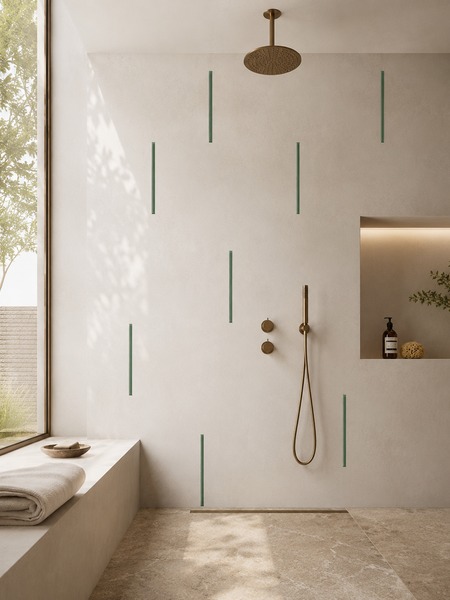 Ducha de diseño minimalista con detalles Stick Waikiki Turquesa-B sobre revestimiento cerámico en tonos claros