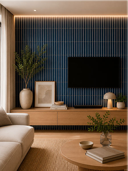 Salón moderno con pared revestida en azulejo de pasta blanca Kaimu azul mate 23x33,5 cm.