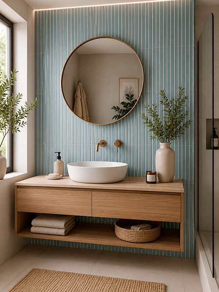 Baño moderno con azulejo de pasta blanca Kaimu azul claro mate 23x33,5 cm en revestimiento de pared.