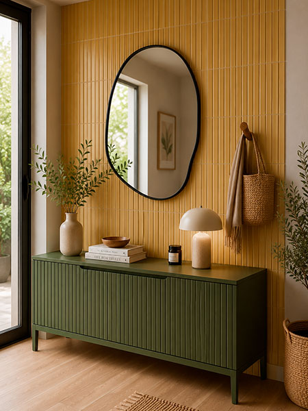 Recibidor moderno con pared revestida en azulejo de pasta blanca Kaimu mostaza mate 23x33,5 cm.