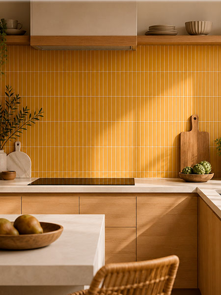 Cocina moderna con revestimiento de azulejo de pasta blanca Kaimu naranja mate 23x33,5 cm en pared.