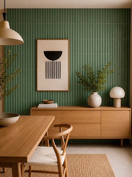 Azulejo de Pasta Blanca Kaimu Turquesa-M Mate 23x33,5 cm (1 m2/cj) 3 Salón moderno con pared revestida en azulejo de pasta blanca Kaimu verde mate 23x33,5 cm.