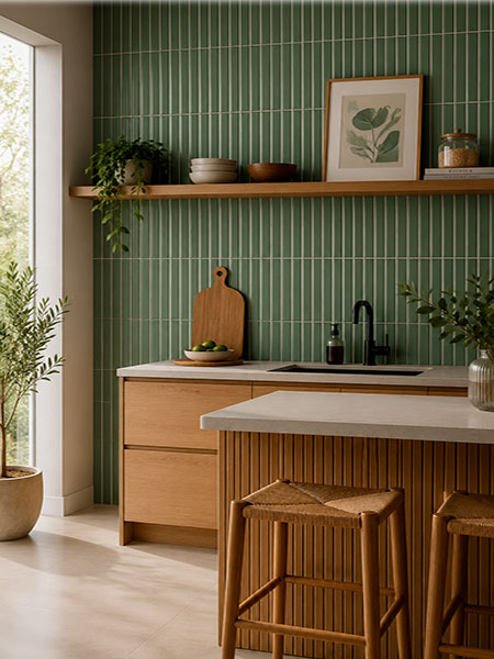 Cocina moderna con revestimiento de azulejo de pasta blanca Kaimu verde mate 23x33,5 cm en pared.