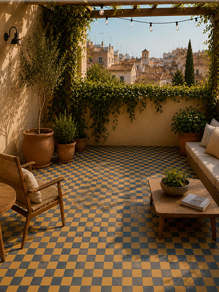 Terraza exterior con azulejo damero azul y ocre, mobiliario de madera y plantas decorativas.