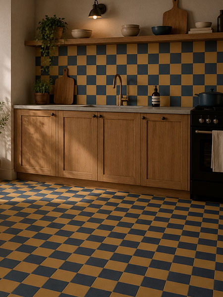 Azulejo Gres Porcelánico Kalia Ocre Azul 20x20 cm Efecto Hidráulico (1 m2/cj) 3 Azulejo damero azul y ocre en cocina con muebles de madera natural y estilo mediterráneo.