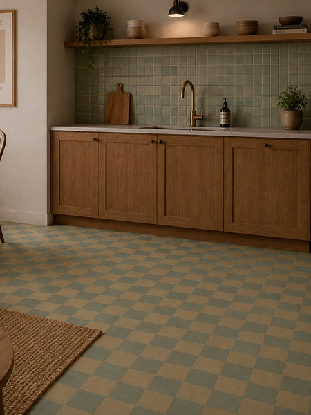 Azulejo damero verde y beige en cocina con muebles de madera y revestimiento cerámico artesanal.