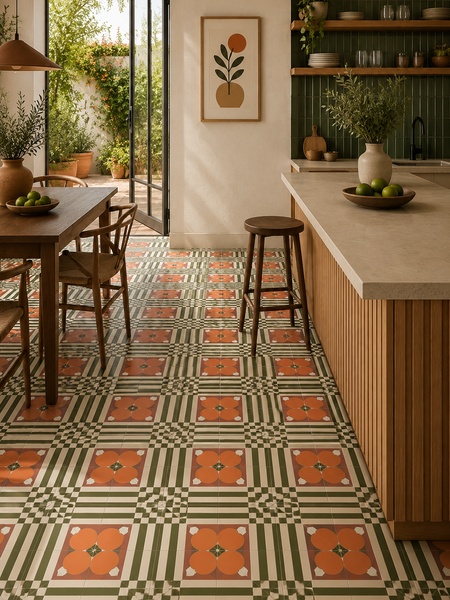 Azulejo Porcelánico Ikaika 30x30 cm Efecto Hidráulico Mate (0.990 m2/cj) 3 Cocina moderna con suelo de azulejos Ikaika 30x30 cm G.308 en tonos terracota, verde oliva y crema con diseño geométrico decorativo