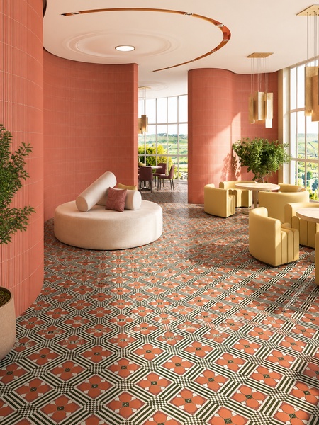 Espacio de diseño con suelo revestido en azulejos Ikaika 30x30 cm G.308 con patrón geométrico en tonos terracota, verde oliva y crema