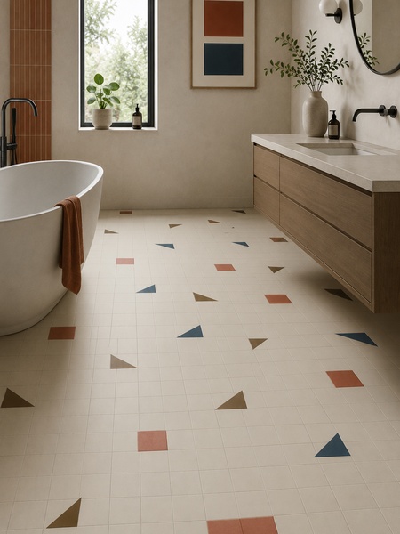 Azulejo Porcelánico Manawa 30x30 cm Efecto Hidráulico Mate (0.990 m2/cj) 3 Baño moderno con suelo de azulejos Manawa 30x30 cm G.308 en tonos crema, terracota, azul y marrón con diseño geométrico minimalista