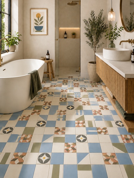Baño moderno con suelo de azulejos Pono 30x30 cm G.308 en tonos azul, verde, crema y terracota con diseño geométrico decorativo