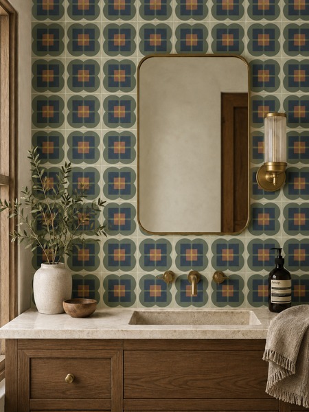 Baño decorado con revestimiento cerámico Pua 20x20 cm en tonos verde, azul y terracota con patrón floral geométrico