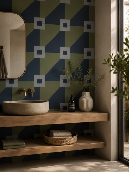 Baño moderno revestido con azulejos Kiana 20x20 cm G.156 en tonos azul y verde con diseño geométrico decorativo