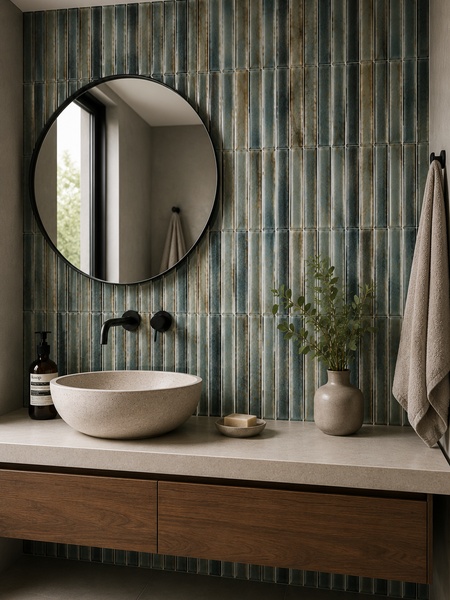Baño moderno revestido con azulejo Nalu Marino 23x33,5 cm de relieve vertical en tonos azul marino y acabado artesanal