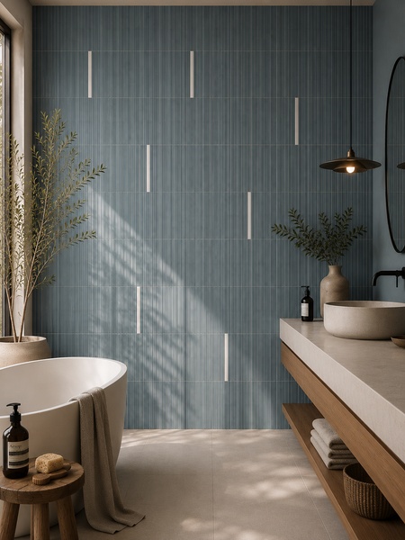Baño contemporáneo con Stick Waikiki Blanco-B 2x23 cm sobre revestimiento cerámico azul acanalado y diseño decorativo vertical