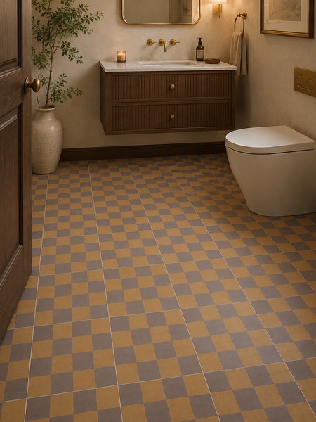 Baño elegante con pavimento damero Kalia Teja Burdeos 20x20 cm en tonos teja y burdeos, combinado con mueble suspendido de madera