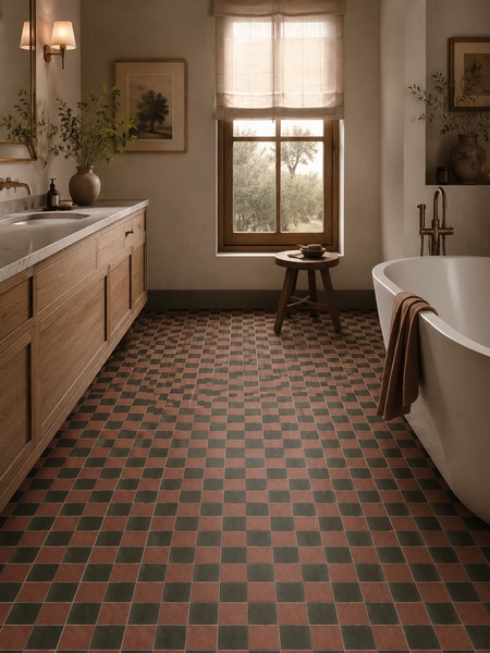 Baño cálido y sofisticado con pavimento cerámico Kalia Negro Coral 20x20 cm en diseño damero coral y negro verdoso