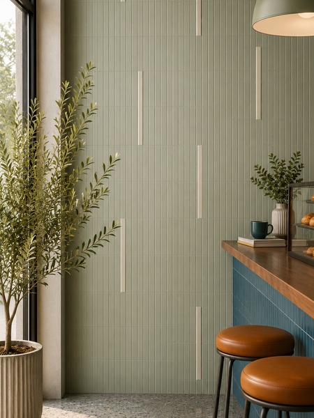 Pared de cafetería revestida con Stick Waikiki Greige-B 2x23 cm combinado con azulejos acanalados en color greige
