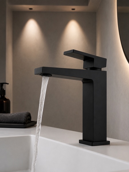Monomando de lavabo serie KU en acabado negro mate PVD instalado sobre encimera blanca con salida de agua abierta.