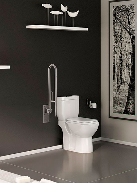 Inodoro blanco de tanque bajo instalado junto a barra de apoyo en baño accesible y adaptado.