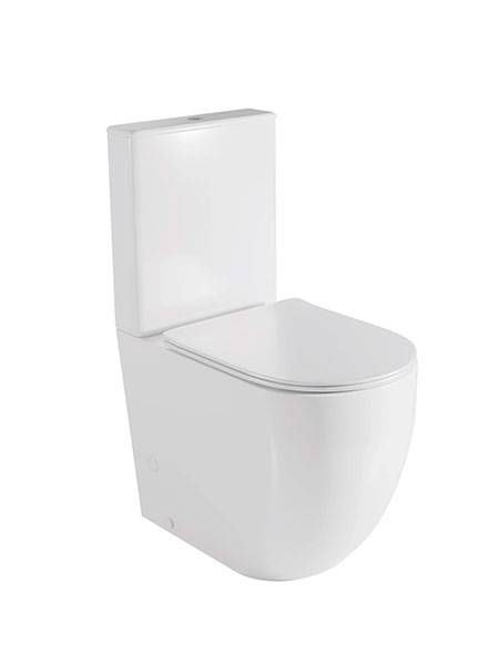 Inodoro PMR compacto de cerámica blanca con diseño moderno para baño accesible.