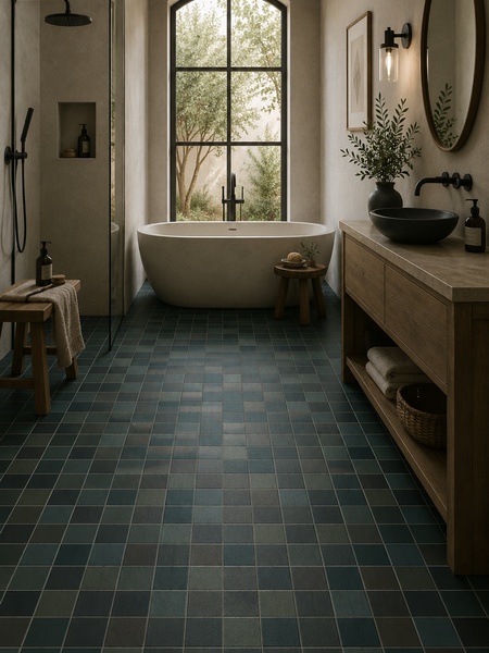 Baño contemporáneo con suelo porcelánico Moku Agua 30x30 cm en tonos azul petróleo, verde y gris combinado con madera natural