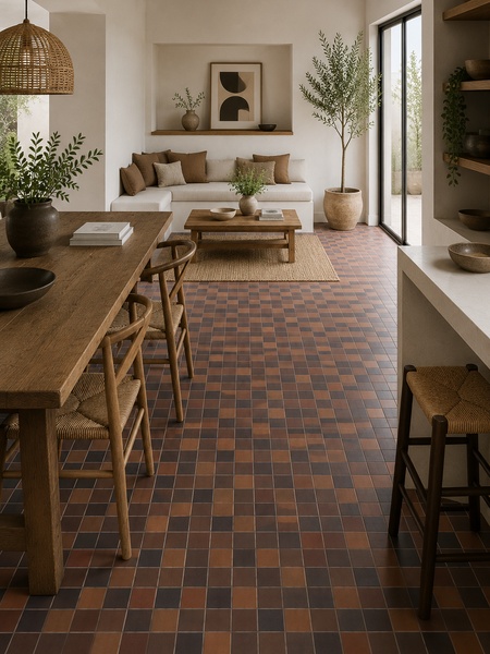 Suelo porcelánico Moku Fuego 30x30 cm en salón comedor de estilo mediterráneo con mosaico multicolor en tonos terracota, marrón y antracita