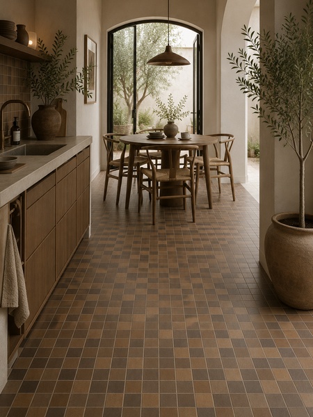 Cocina y comedor de estilo mediterráneo con suelo porcelánico Moku Tierra 30x30 cm en tonos marrón, topo y terracota