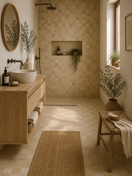 Baño moderno con pavimento y revestimiento porcelánico Molokai Multicolor 30x30 cm en tonos beige y estilo natural