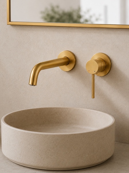 Monomando de lavabo empotrado serie Turín en acabado oro cepillado instalado sobre lavabo redondo de sobreencimera.